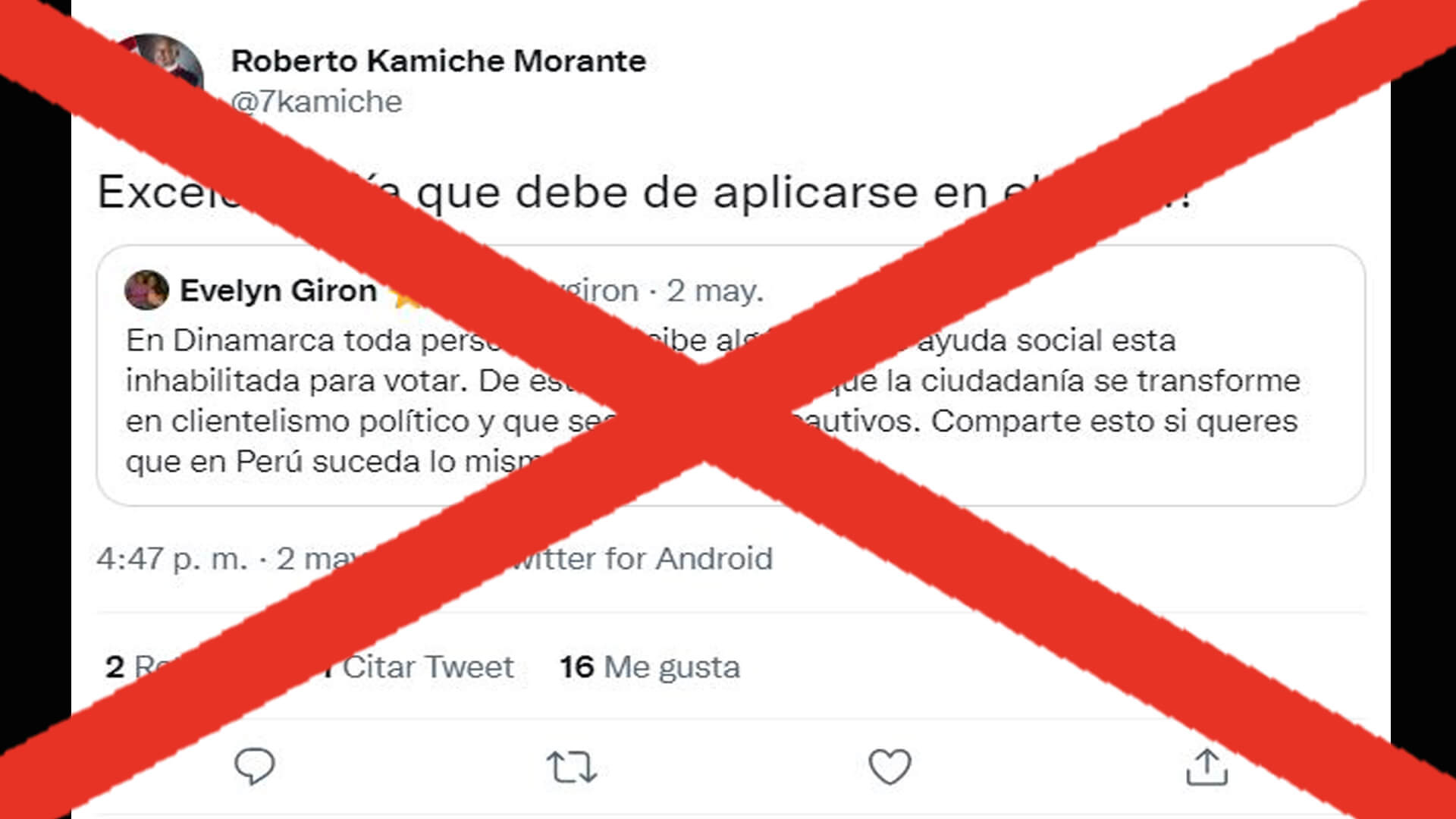 Mensaje de redes de congresista Roberto Kamiche