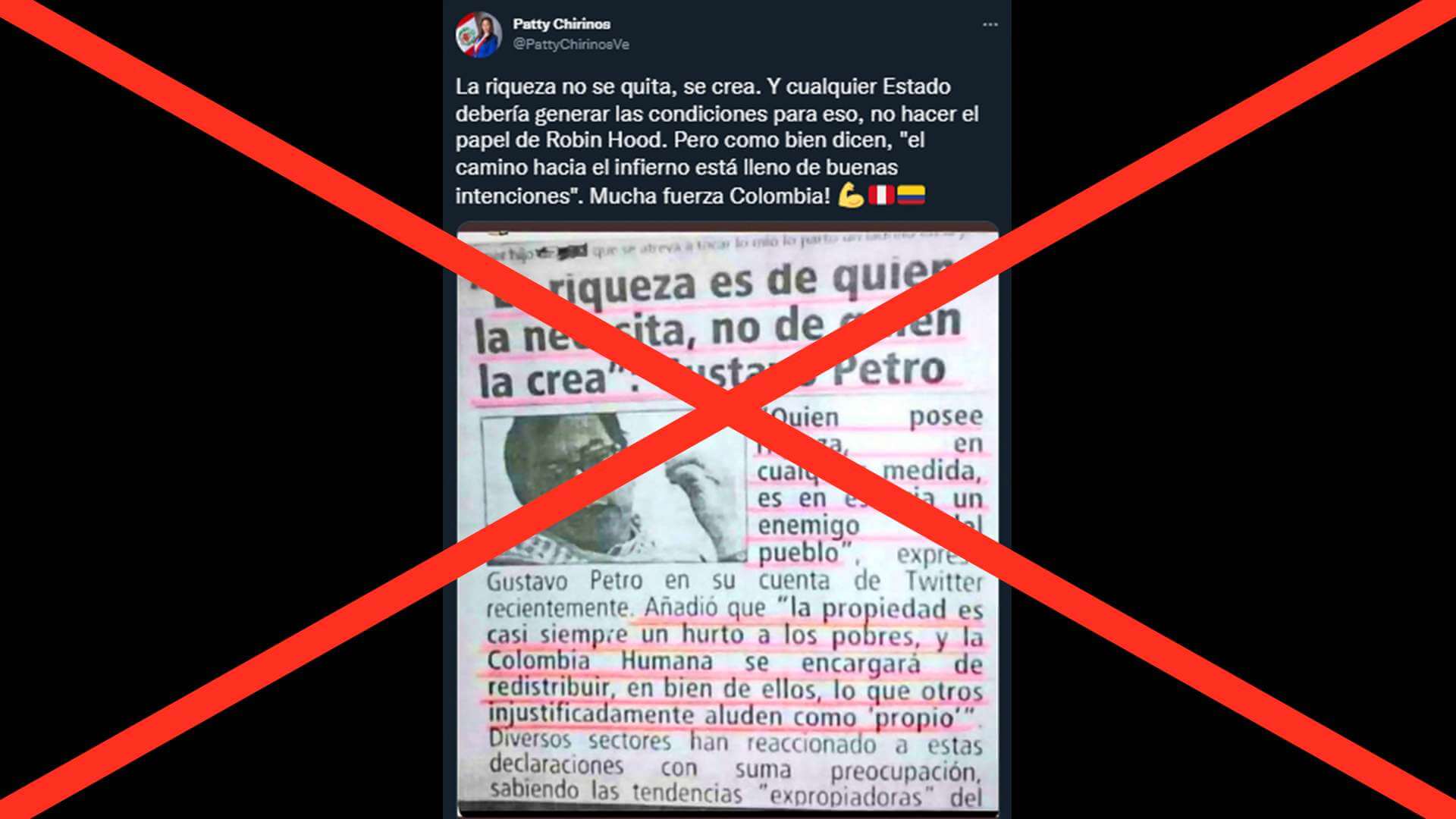 Es falsa la imagen compartida por Patricia Chirinos sobre supuesta declaración del presidente electo de Colombia