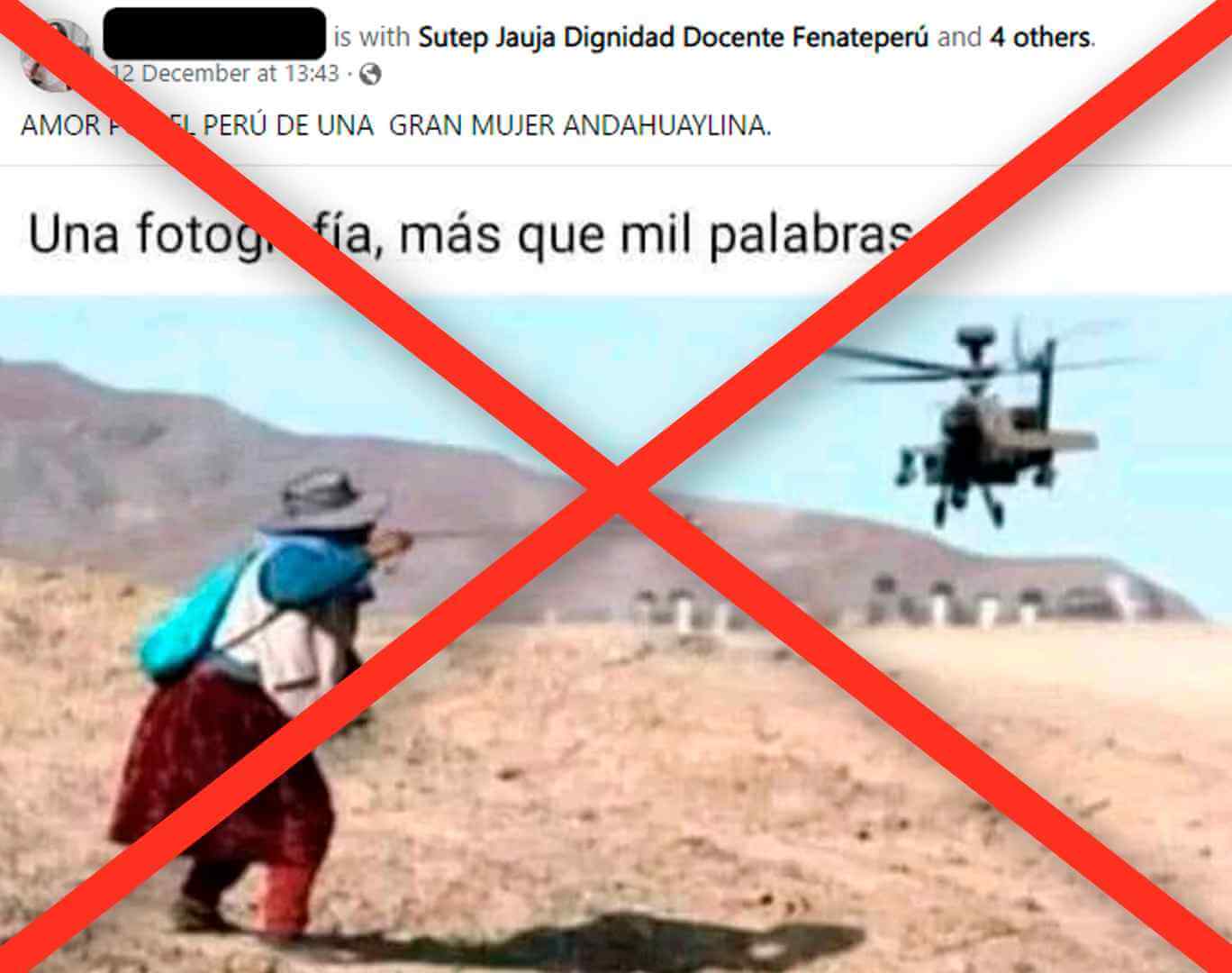 Es falsa la supuesta foto de una mujer enfrentándose a un helicóptero policial en Andahuaylas