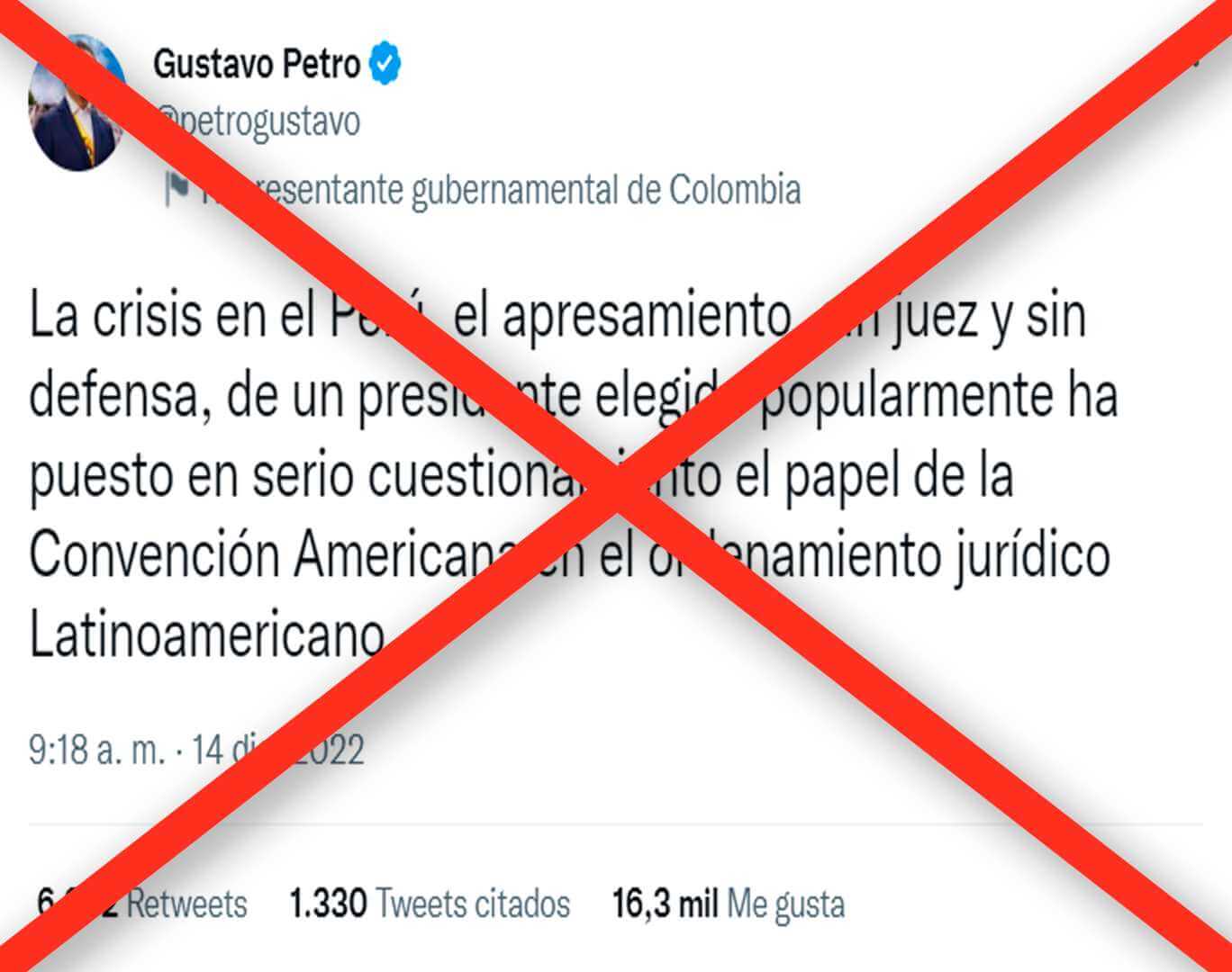 Es falsa la versión del presidente de Colombia, Gustavo Petro, acerca de que Pedro Castillo fue apresado sin juez y sin defensa.