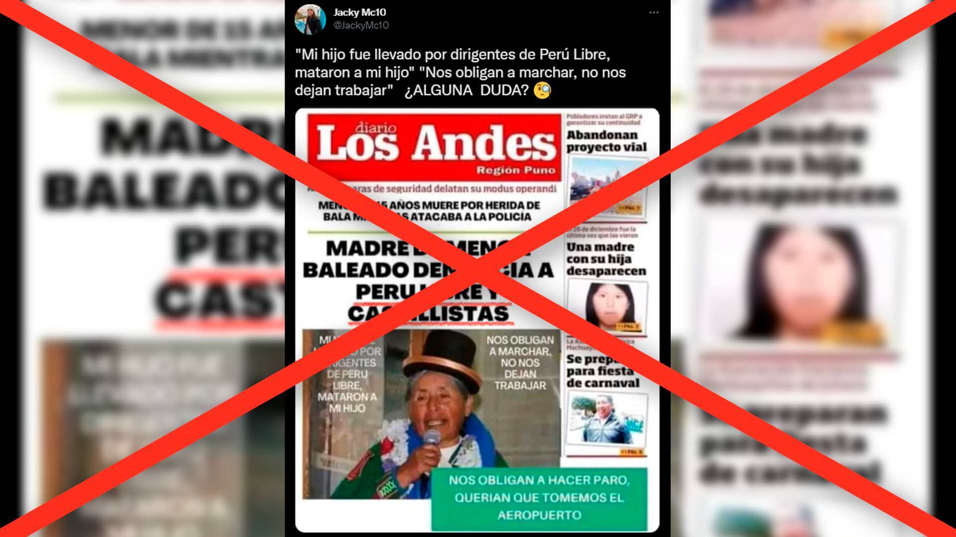 Es falsa la portada de periódico en el que mujer de Puno denuncia a dirigentes por muerte de su hijo en protestas